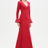 V-Neck Long Sleeve Embellished Evening Dress - 26174C