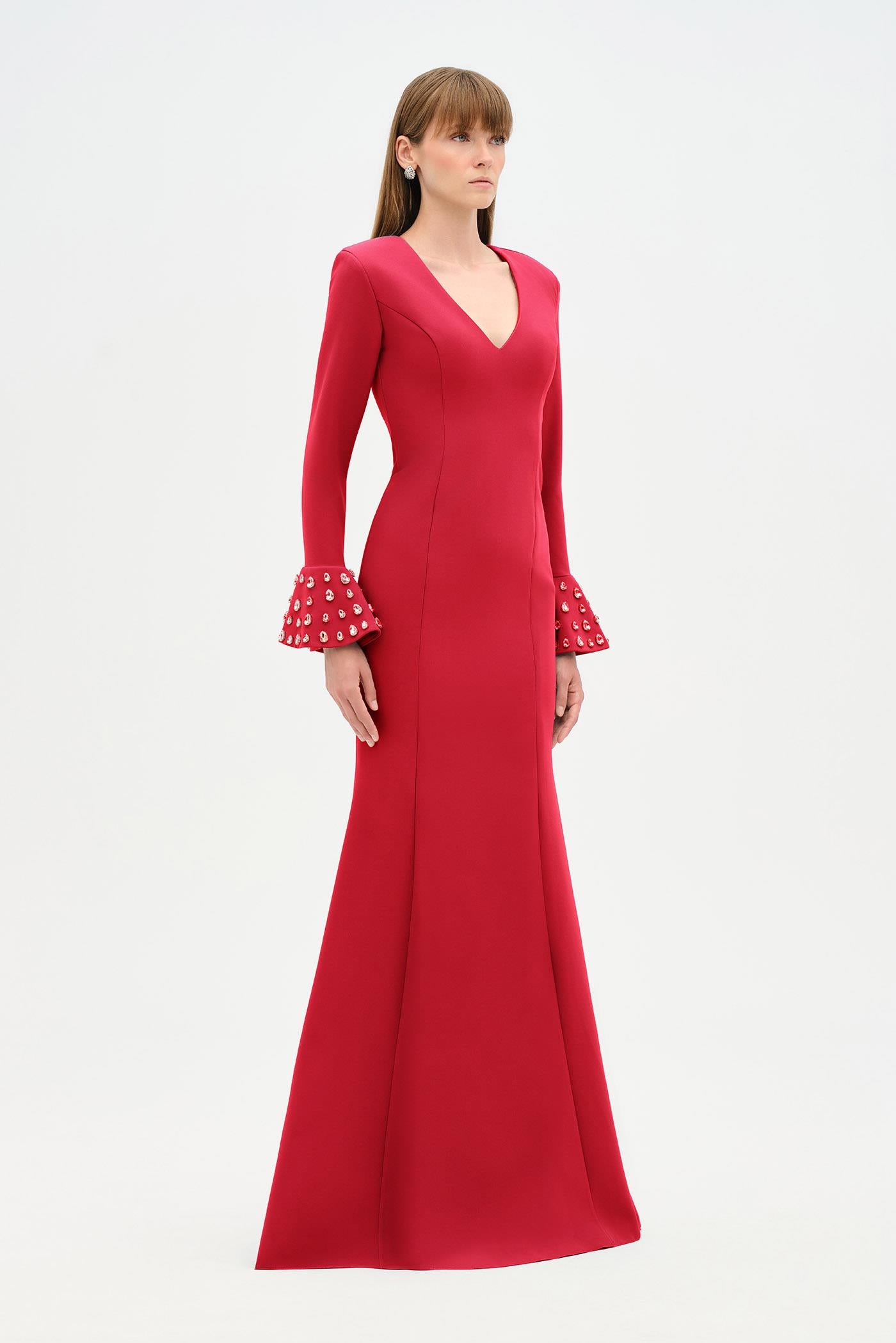 V-Neck Long Sleeve Embellished Evening Dress - 26174C
