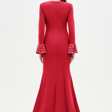 V-Neck Long Sleeve Embellished Evening Dress - 26174C