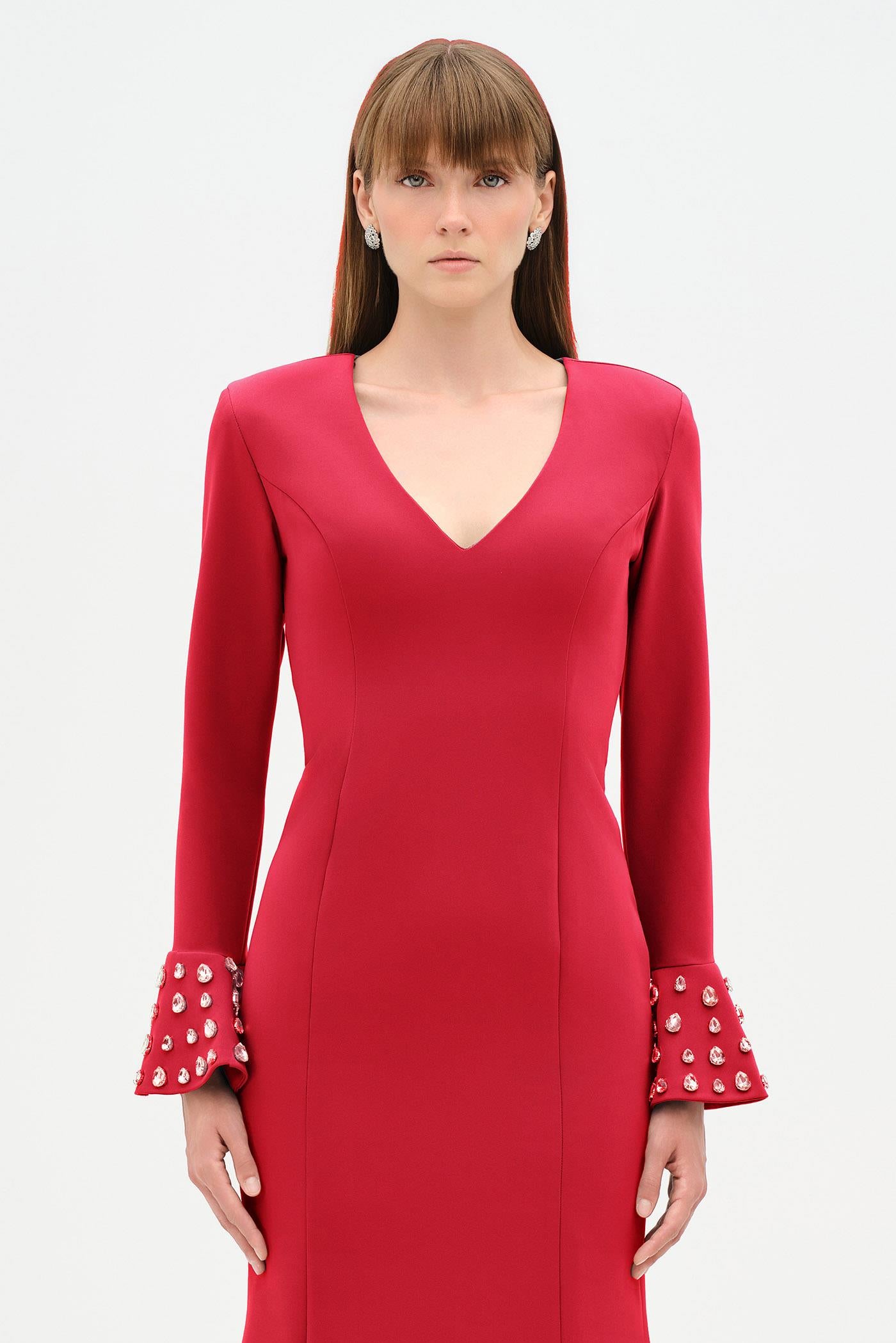 V-Neck Long Sleeve Embellished Evening Dress - 26174C