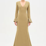 V-Neck Long Sleeve Embellished Evening Dress - 26174C