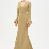 V-Neck Long Sleeve Embellished Evening Dress - 26174C