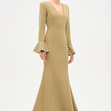 V-Neck Long Sleeve Embellished Evening Dress - 26174C