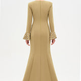 V-Neck Long Sleeve Embellished Evening Dress - 26174C