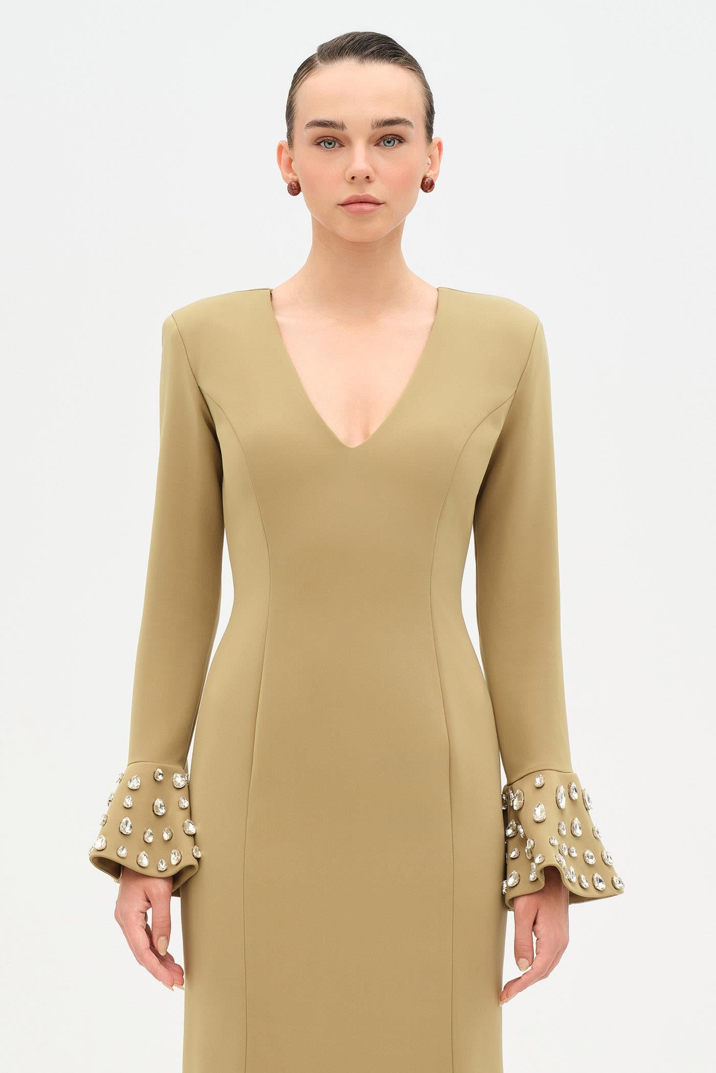 V-Neck Long Sleeve Embellished Evening Dress - 26174C