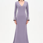 V-Neck Long Sleeve Embellished Evening Dress - 26174C