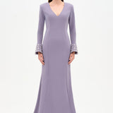 V-Neck Long Sleeve Embellished Evening Dress - 26174C