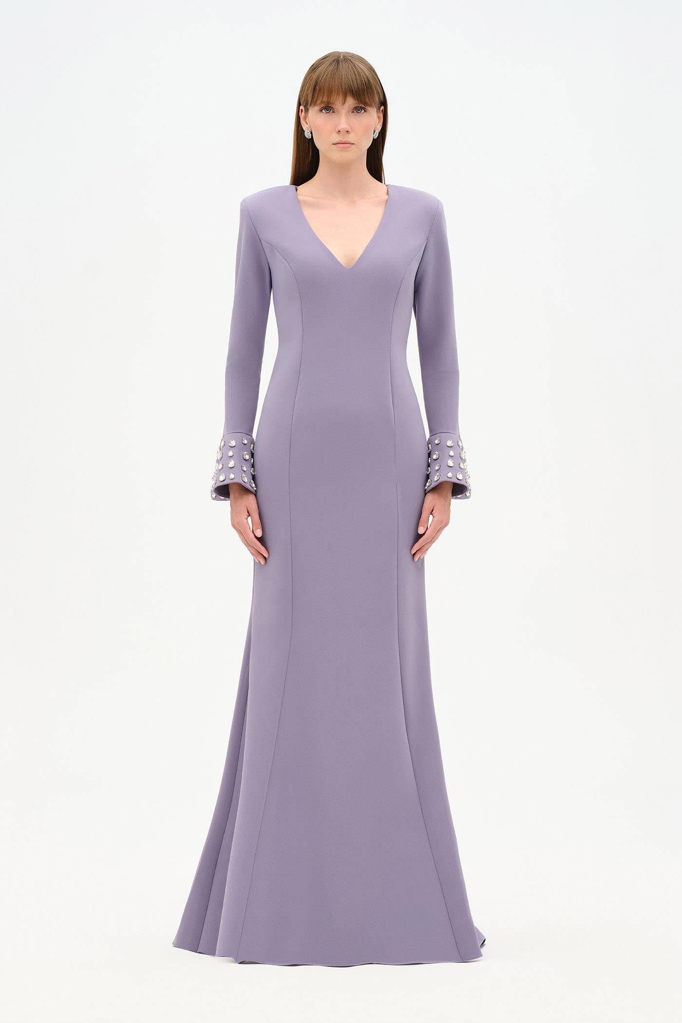 V-Neck Long Sleeve Embellished Evening Dress - 26174C