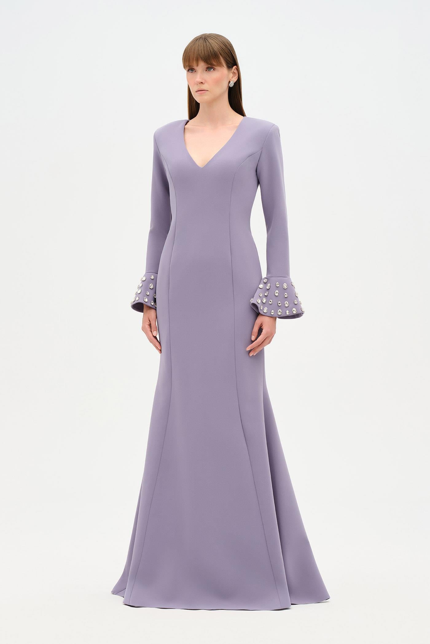 V-Neck Long Sleeve Embellished Evening Dress - 26174C