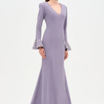 V-Neck Long Sleeve Embellished Evening Dress - 26174C