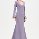 V-Neck Long Sleeve Embellished Evening Dress - 26174C