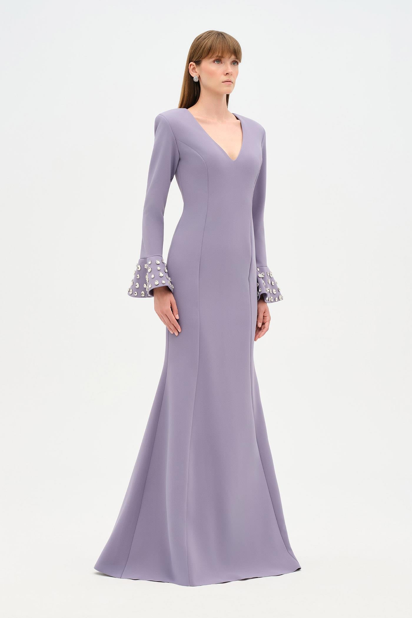 V-Neck Long Sleeve Embellished Evening Dress - 26174C