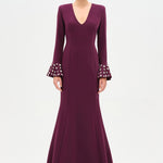 V-Neck Long Sleeve Embellished Evening Dress - 26174C