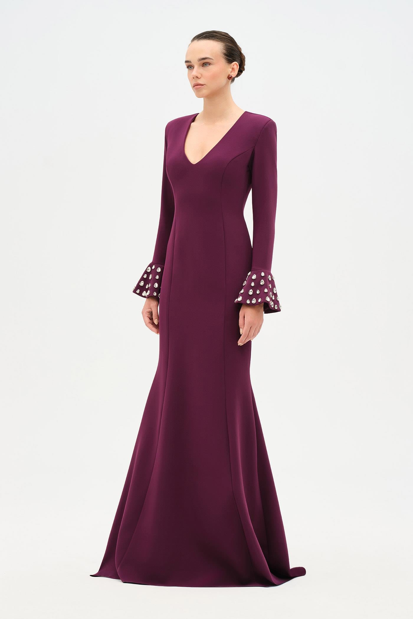 V-Neck Long Sleeve Embellished Evening Dress - 26174C