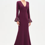 V-Neck Long Sleeve Embellished Evening Dress - 26174C