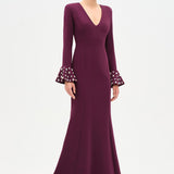 V-Neck Long Sleeve Embellished Evening Dress - 26174C