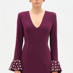 V-Neck Long Sleeve Embellished Evening Dress - 26174C