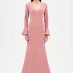 V-Neck Long Sleeve Embellished Evening Dress - 26174C