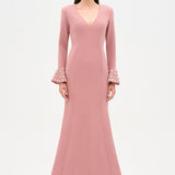 V-Neck Long Sleeve Embellished Evening Dress - 26174C