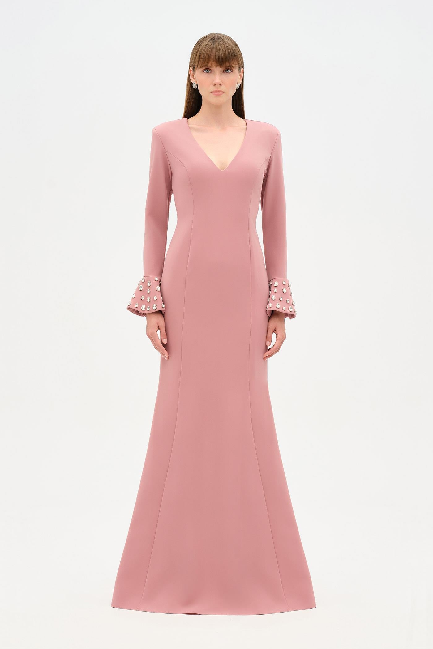 V-Neck Long Sleeve Embellished Evening Dress - 26174C