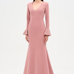 V-Neck Long Sleeve Embellished Evening Dress - 26174C