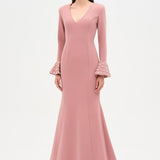 V-Neck Long Sleeve Embellished Evening Dress - 26174C