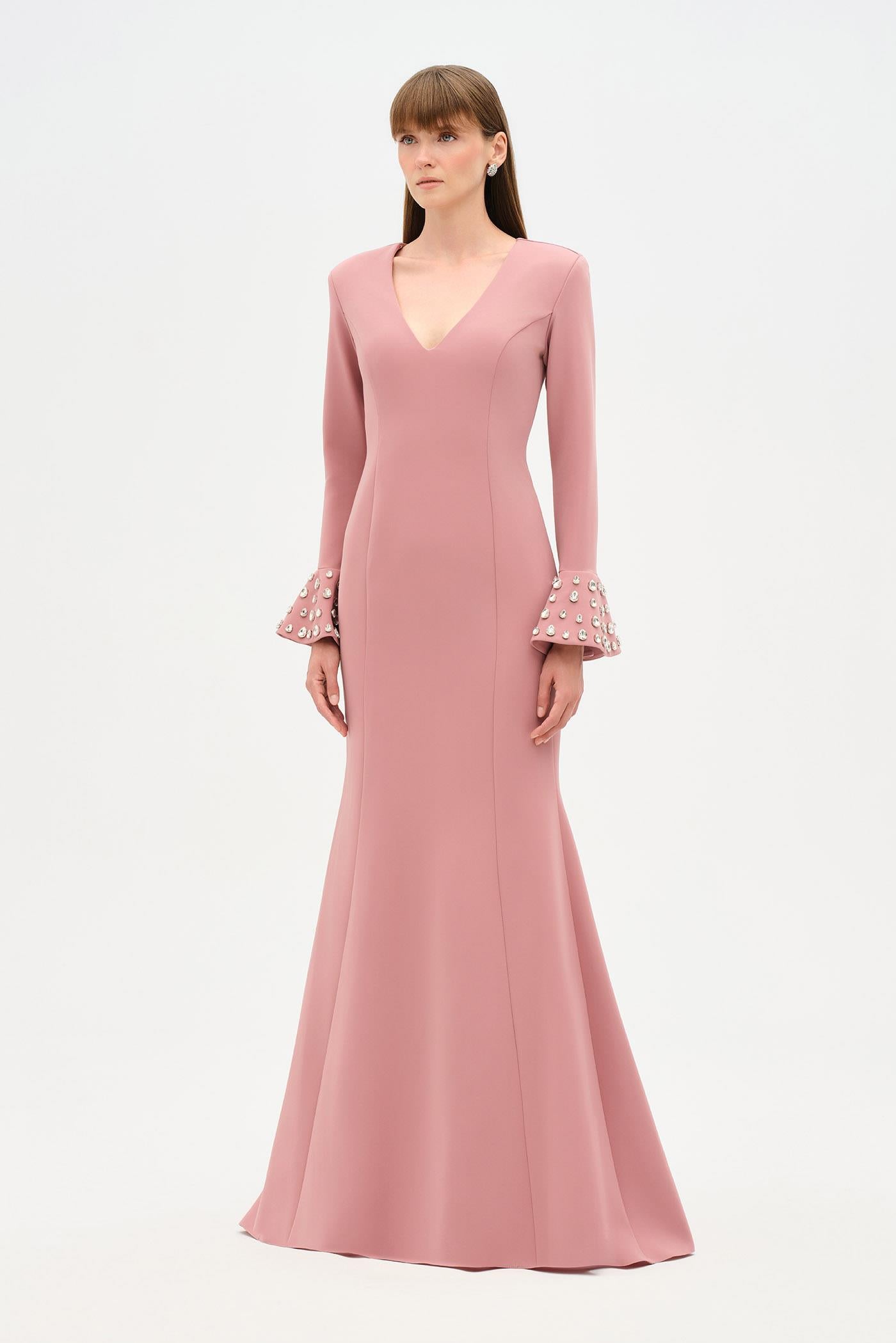 V-Neck Long Sleeve Embellished Evening Dress - 26174C