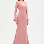 V-Neck Long Sleeve Embellished Evening Dress - 26174C