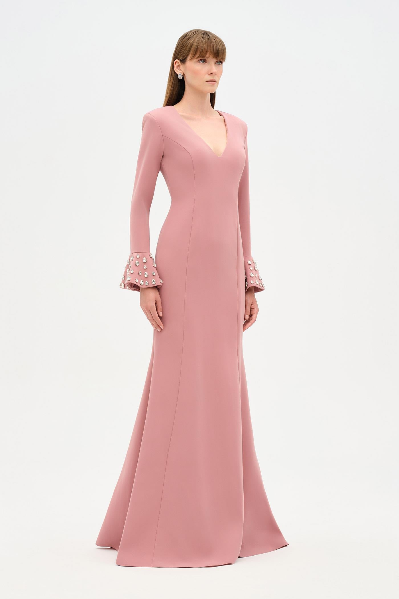 V-Neck Long Sleeve Embellished Evening Dress - 26174C