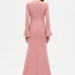 V-Neck Long Sleeve Embellished Evening Dress - 26174C