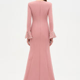 V-Neck Long Sleeve Embellished Evening Dress - 26174C