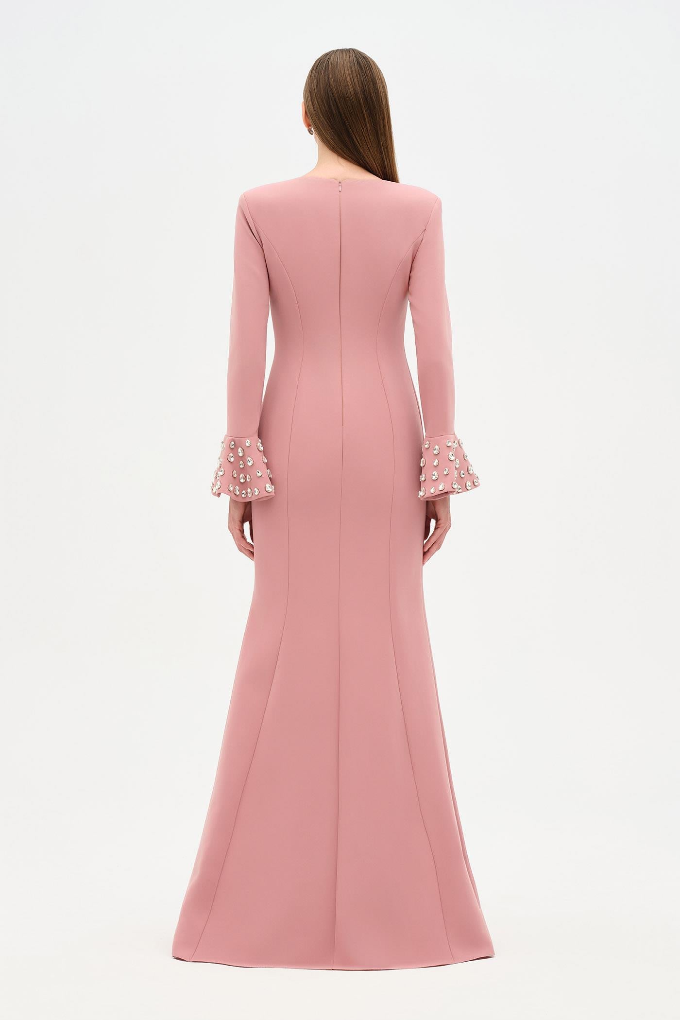 V-Neck Long Sleeve Embellished Evening Dress - 26174C