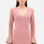 V-Neck Long Sleeve Embellished Evening Dress - 26174C