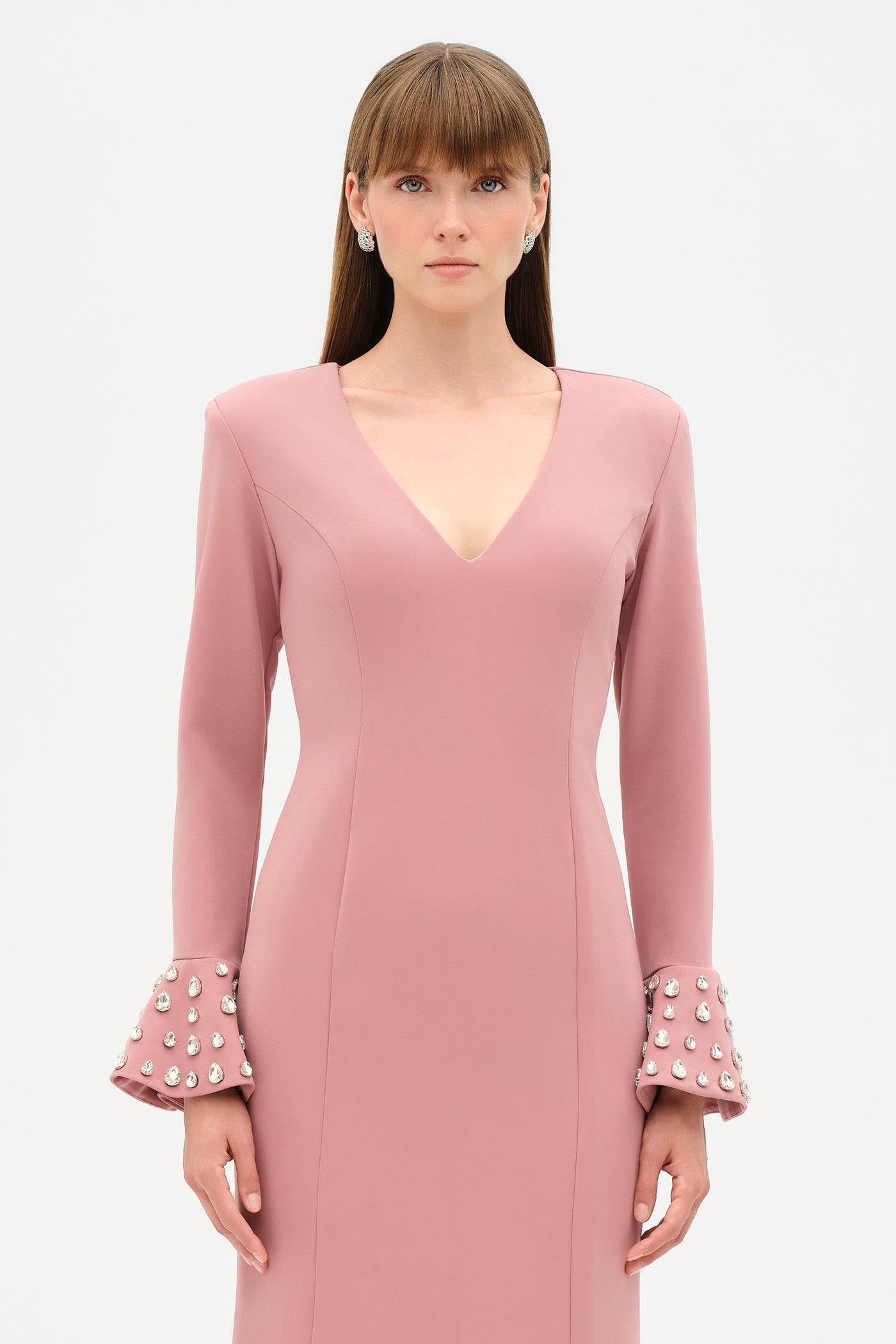 V-Neck Long Sleeve Embellished Evening Dress - 26174C