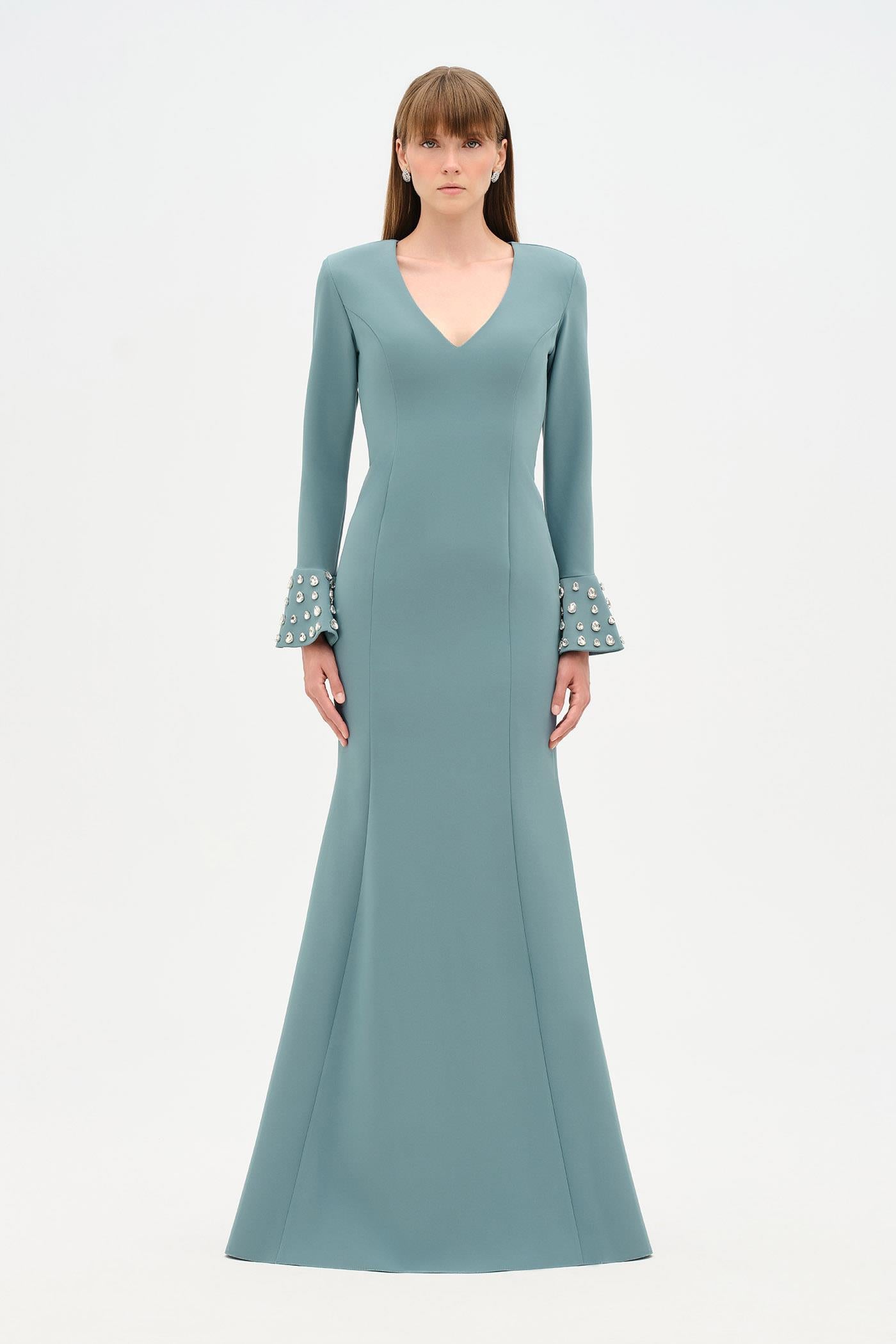 V-Neck Long Sleeve Embellished Evening Dress - 26174C