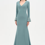 V-Neck Long Sleeve Embellished Evening Dress - 26174C