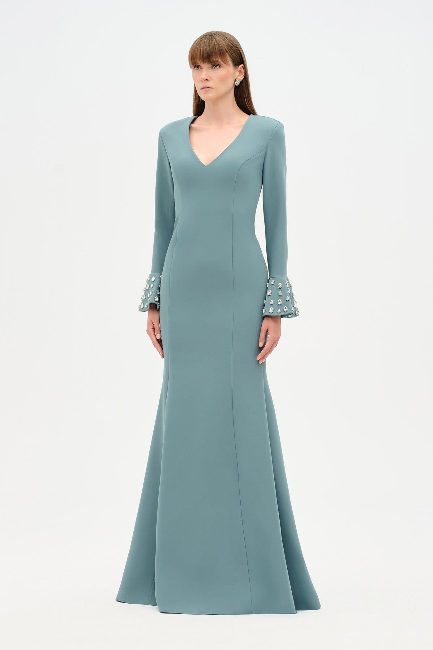 V-Neck Long Sleeve Embellished Evening Dress - 26174C