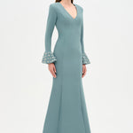 V-Neck Long Sleeve Embellished Evening Dress - 26174C