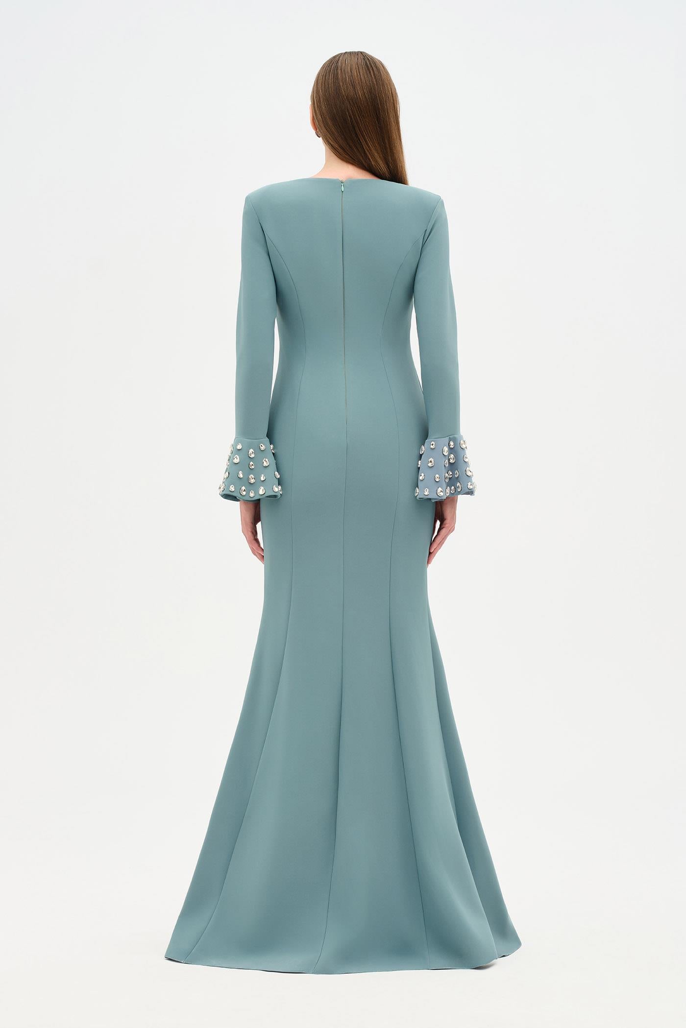 V-Neck Long Sleeve Embellished Evening Dress - 26174C