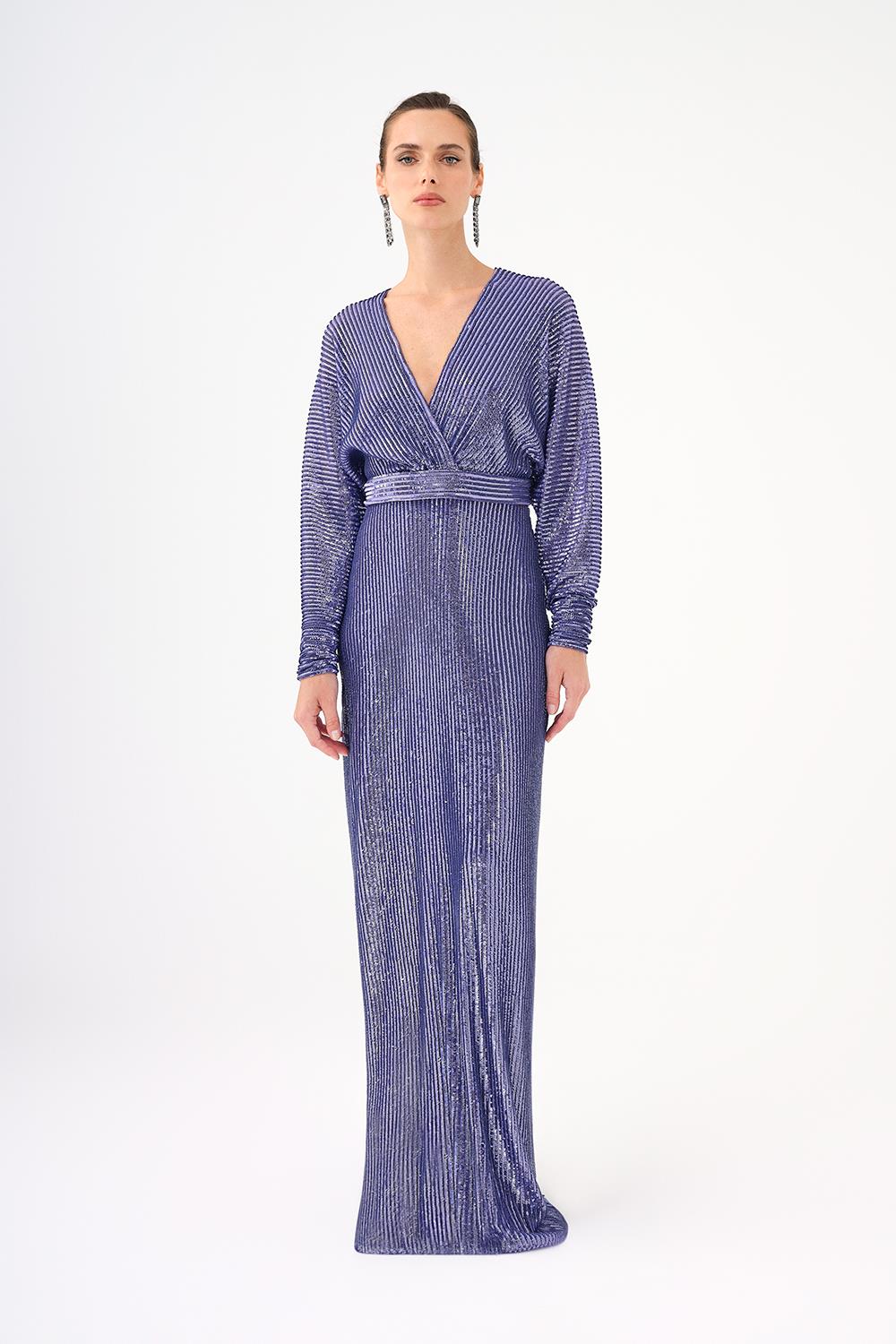 V Neck Long Sleeve Sequin Long Evening Dress - 9114C
