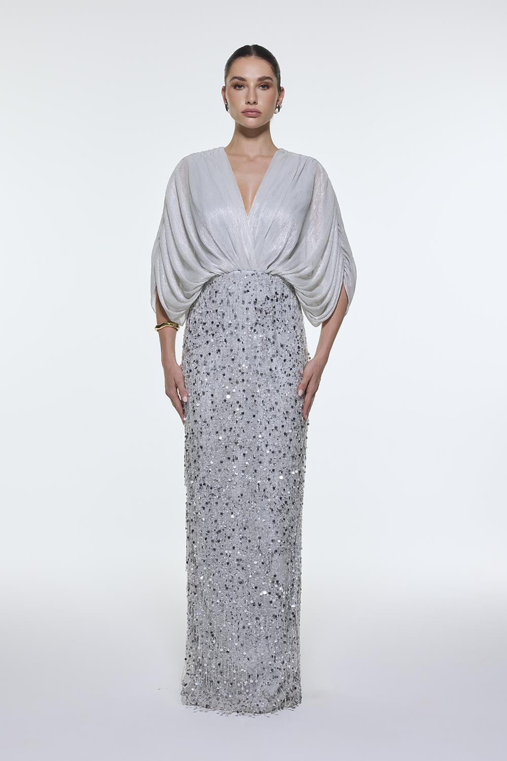 V Yaka Yarasa Kollu Uzun Abiye Elbise - 9279C - GÜMÜŞ
