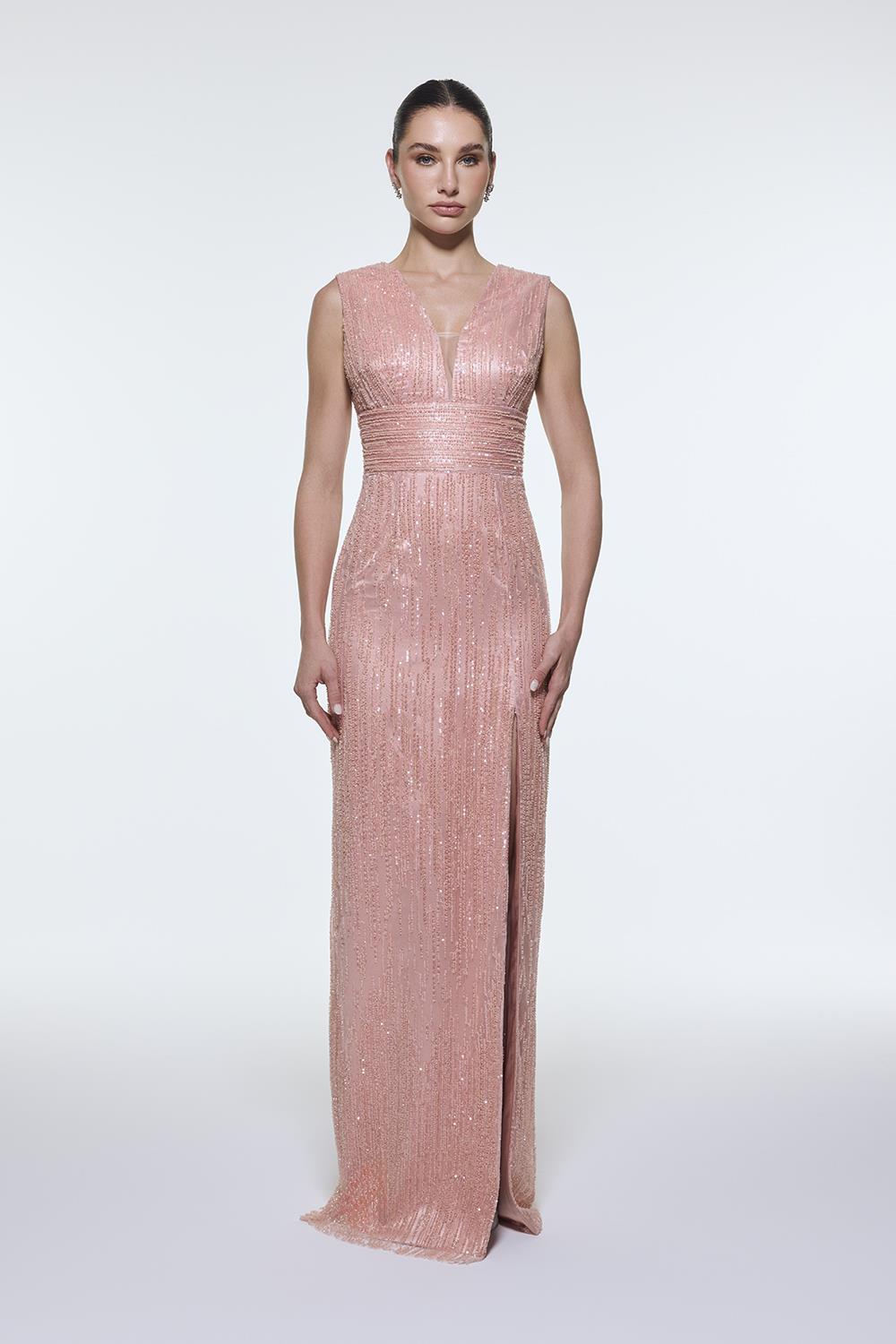 V-Neck Sleeveless Evening Dress with Stone Embroidery - 9349C