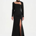 Yırtmaçlı Asimetrik Yaka Kolu Boncuk Detaylı Abiye Elbise - 26044C - SİYAH