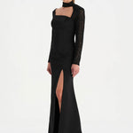 Yırtmaçlı Asimetrik Yaka Kolu Boncuk Detaylı Abiye Elbise - 26044C - SİYAH