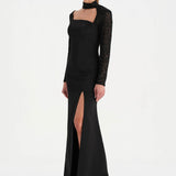 Yırtmaçlı Asimetrik Yaka Kolu Boncuk Detaylı Abiye Elbise - 26044C - SİYAH