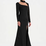 Yırtmaçlı Asimetrik Yaka Kolu Boncuk Detaylı Abiye Elbise - 26044C - SİYAH