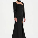 Yırtmaçlı Asimetrik Yaka Kolu Boncuk Detaylı Abiye Elbise - 26044C - SİYAH