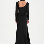 Yırtmaçlı Asimetrik Yaka Kolu Boncuk Detaylı Abiye Elbise - 26044C - SİYAH