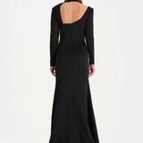 Yırtmaçlı Asimetrik Yaka Kolu Boncuk Detaylı Abiye Elbise - 26044C - SİYAH