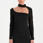 Yırtmaçlı Asimetrik Yaka Kolu Boncuk Detaylı Abiye Elbise - 26044C - SİYAH